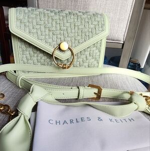 Charles & Keith Joelle Ring Push-Lock Tweed Envelope Shoulder Bag - Mint Green